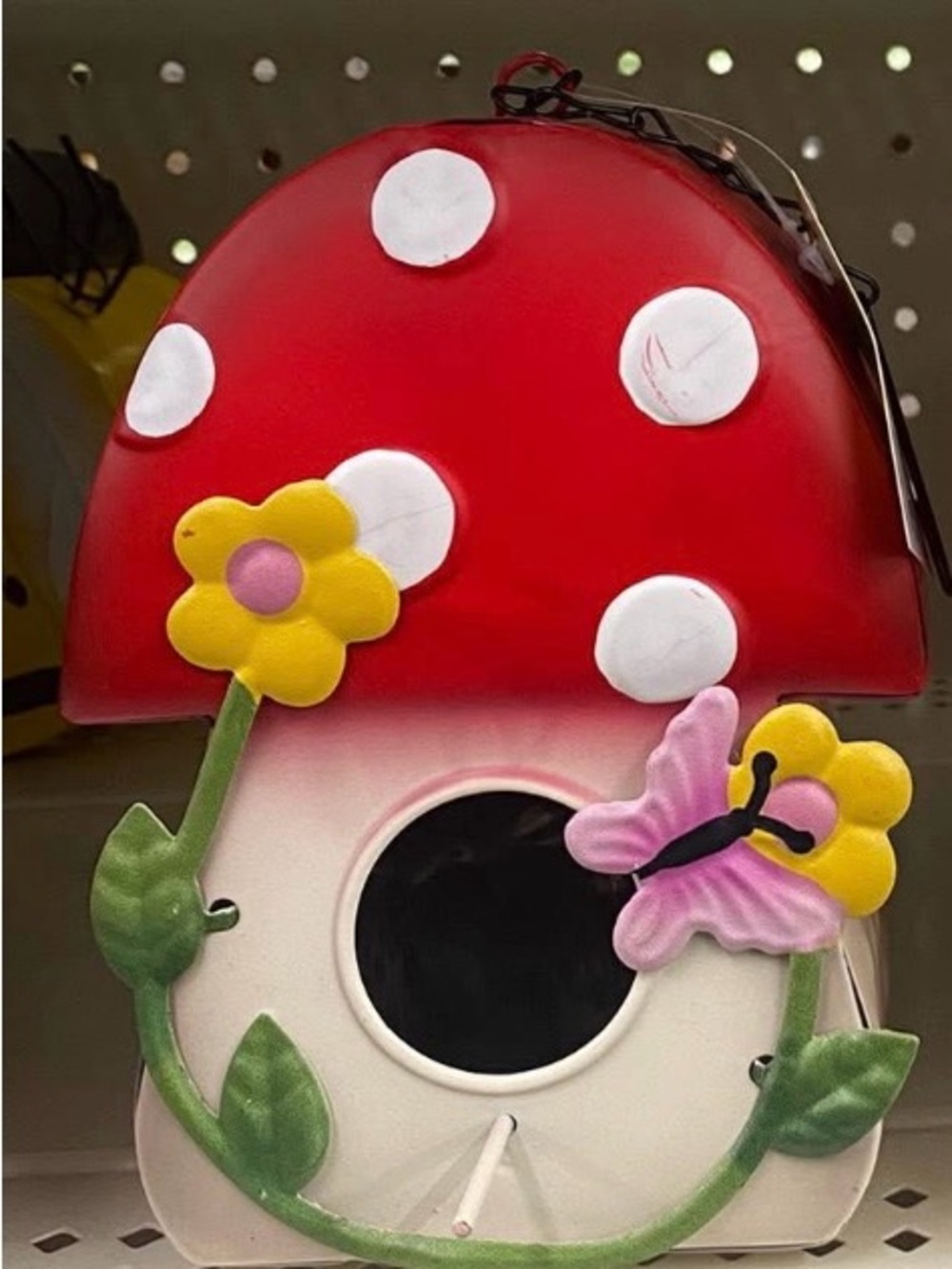 Bird feeder Mushroom Tin with Yellow Flowers and butterfly-Never Used